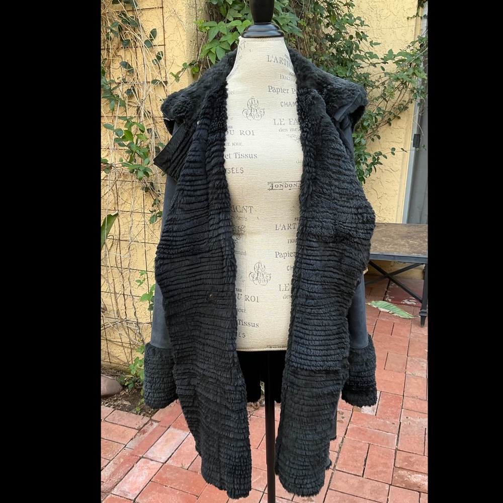 Growbeans by Karen Groner 35” Long Midnight Navy Blue Rabbit Fox Shearling Sz M - Picture 9 of 15